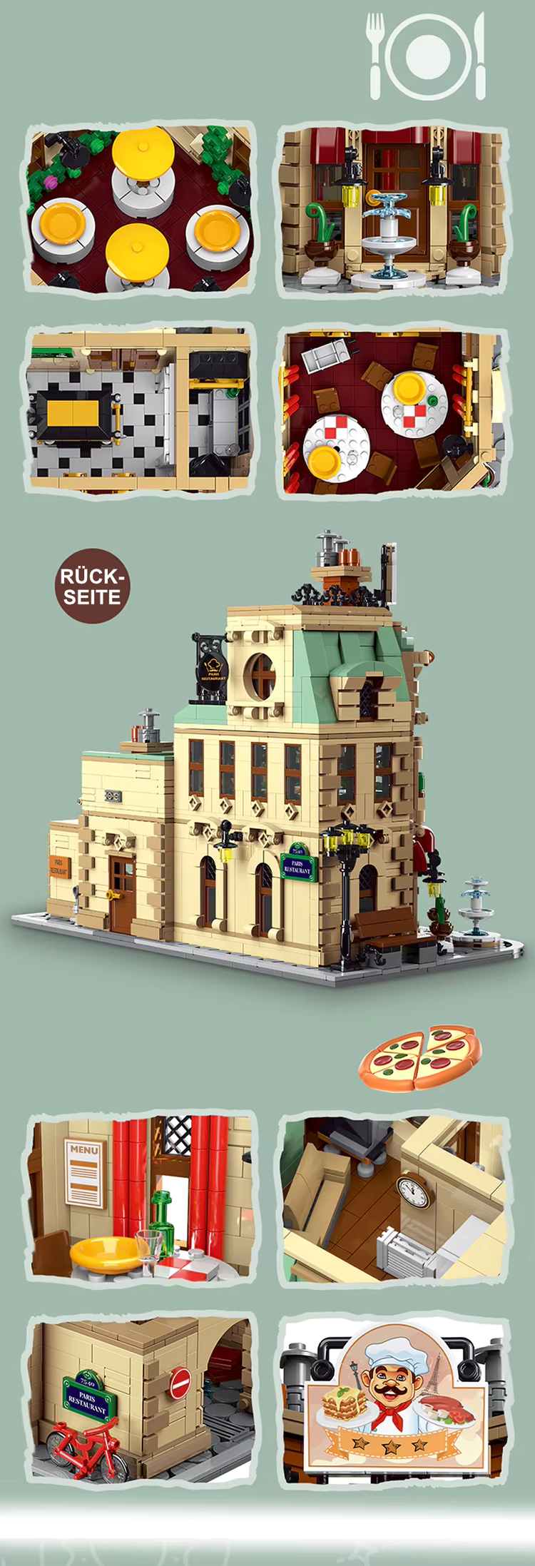 LEGO®-kompatibles Pariser Restaurant mit LED-Beleuchtung | 3.104 Steine