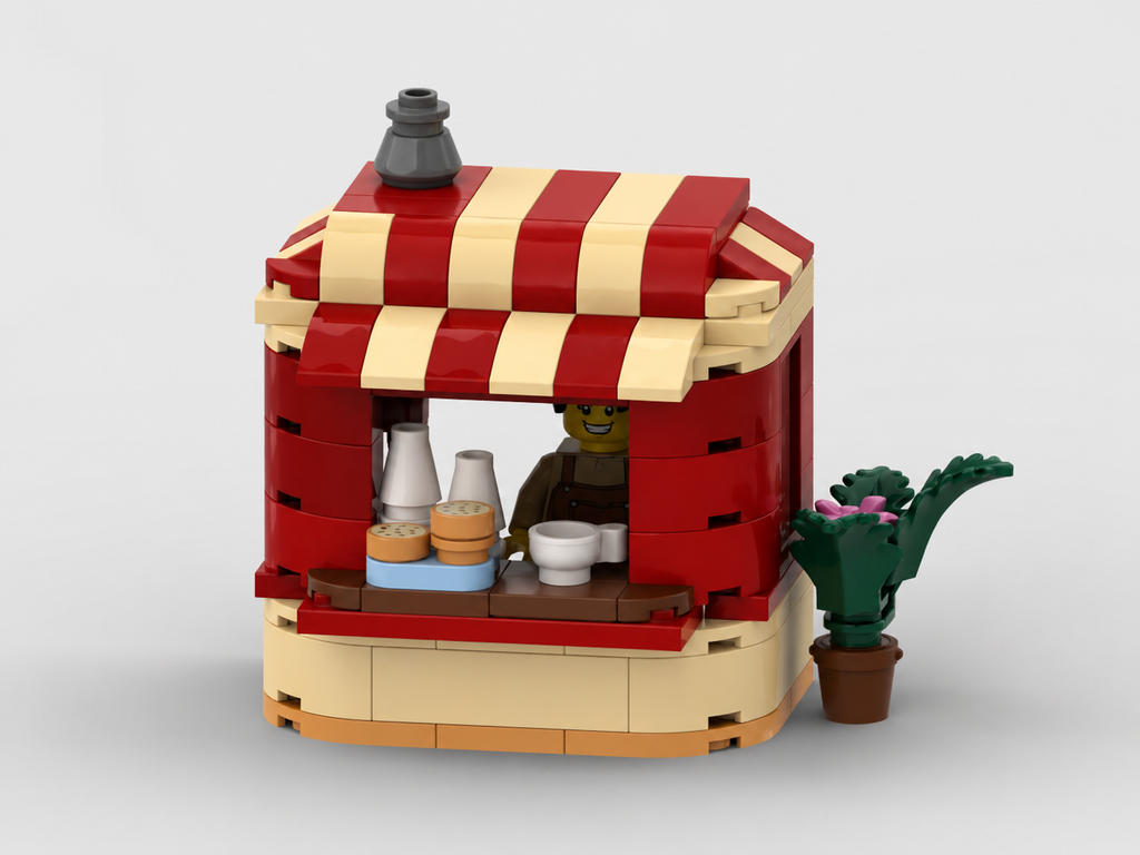 LEGO Kaffeestand – Charmantes Café mit rot-cremem Streifendach