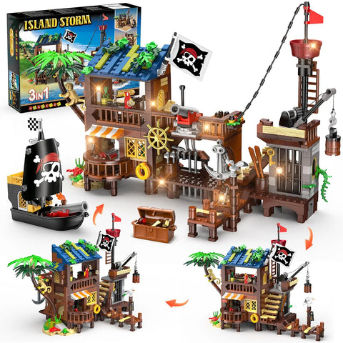 Piraten-Kai mit Beleuchtung – Klemmbaustein-Set mit Piratenhaus, 3 Umbauvarianten und Zubehör