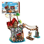 Pirateninsel-Hängebrücken-Baustein-Set – Modulare Karibik-Szene mit Felsen und Palmen